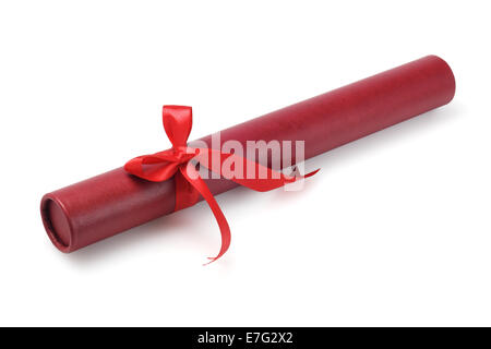 Roten Scroll-Container mit Bogen Band auf weißem Hintergrund Stockfoto