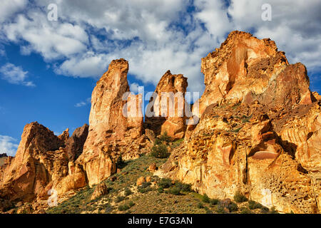 Sonne gebacken hoch aufragenden Vulkangestein Pinnacles in der Schlucht von SE Oregon Leslie Gulch und remote Malheur Grafschaft. Stockfoto