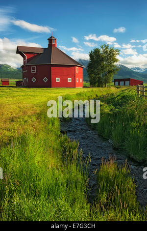 Am Nachmittag Wolken schweben über die Triple Creek Ranch und dem Frühling grün der NE Oregon Wallowa Valley. Stockfoto