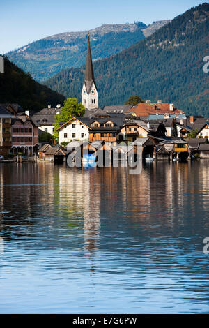 Stadt anzeigen, Hallstatt am Hallstättersee, UNESCO-Weltkulturerbe, Salzkammergut, Alpen, Oberösterreich, Österreich Stockfoto