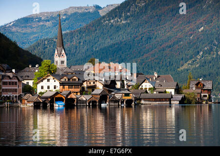 Stadt anzeigen, Hallstatt am Hallstättersee, UNESCO-Weltkulturerbe, Salzkammergut, Alpen, Oberösterreich, Österreich Stockfoto