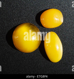 Makro. Nahaufnahme von drei Bernsteine als goldene Mineralien. Harz-Juwel. Stockfoto