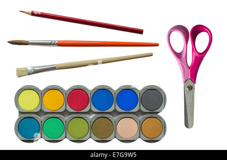 Kinder zurück zur Schule Schreibwaren und Farben Stockfoto