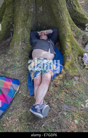 Ein übergewichtiger Mann schlafend unter einem Baum Stockfoto