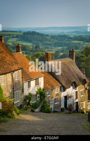 Abend am Gold Hill in Shaftesbury, Dorset, England Stockfoto