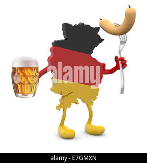 Deutschland Karte mit Armen, Beinen, Glas Becher Bier und Würstel auf Händen, 3d illustration Stockfoto