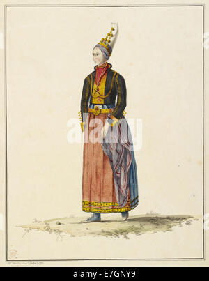 Illustration von Sir Joseph Banks’ Reise von 1772, die eine Isländerin in ihrem Brautkleid zeigt und die kulturelle Kleidung Islands im 18. Jahrhundert hervorhebt. Stockfoto