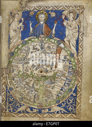 Illustration aus dem lateinischen Psalter (13.-15. Jahrhundert) mit einer Weltkarte, eine Reflexion mittelalterlicher geographischer Kenntnisse. Stockfoto