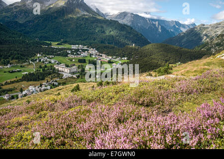 Maloja im Frühling, Oberengadin, Graubünden, Schweiz | Aussicht Auf Maloja Im Frühling, Oberengadin, Symbole, Schweiz Stockfoto