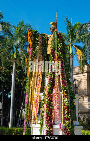 König Kamehameha Statue mit Lei, Honolulu, Oahu, Hawaii Oahu, Hawaii Stockfoto