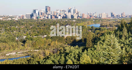 Skyline von Calgary aus dem Westen mit Grünflächen entlang Das Bow River Valley im Vordergrund Stockfoto