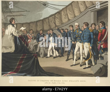 Eine Illustration aus „Orme's Historic Military and Naval Anekdotes“, die eine Szene an Bord von Lord Nelsons Schiff zeigt. Es beleuchtet das Leben der Marine und die Rolle des ikonischen Schiffes in der britischen Marinegeschichte. Stockfoto