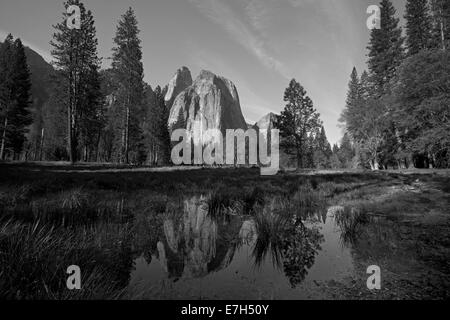 Cathedral Rocks spiegelt sich in einem Teich im Yosemite Valley, Yosemite-Nationalpark, Kalifornien, USA Stockfoto