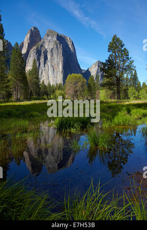 Cathedral Rocks spiegelt sich in einem Teich im Yosemite Valley, Yosemite-Nationalpark, Kalifornien, USA Stockfoto