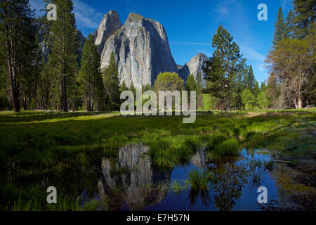 Cathedral Rocks spiegelt sich in einem Teich im Yosemite Valley, Yosemite-Nationalpark, Kalifornien, USA Stockfoto