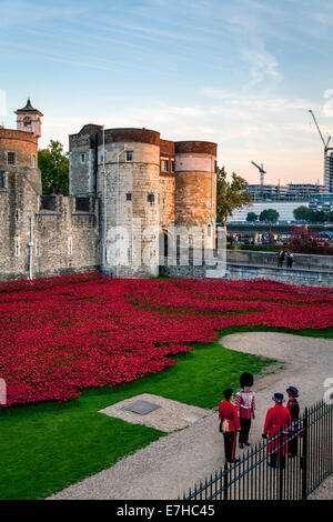 Mohn-Anzeige bei The Tower von London zu gedenken das 100 Jahr Jubiläum des ersten Weltkrieges, London, England Stockfoto