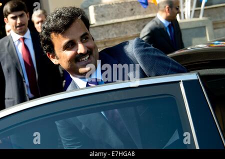 München, Deutschland. 18. Sep, 2014. Der Emir von Katar, Scheich Tamim Bin Hamad al-Thani in München, Deutschland, 18. September 2014. Der Emir setzt seine Reise nach Deutschland. Poto: SVEN HOPPE/Dpa/Alamy Live News Stockfoto