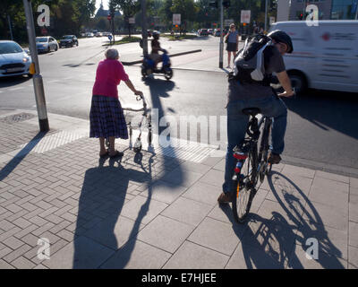 Alte Dame mit Walker, die darauf warten, überqueren Sie die Straße in Köln, NRW, Deutschland Stockfoto