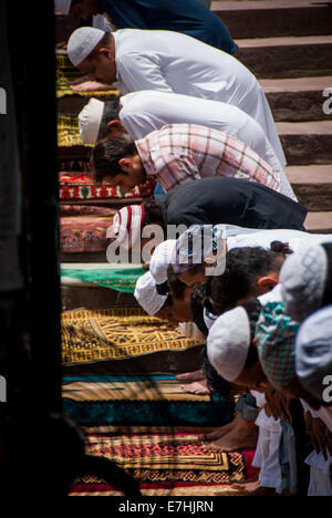 Gläubige beten in Jama Masjid Moschee, Old Delhi zum Freitagsgebet. Es ist eine der größten Moscheen in Indien Stockfoto