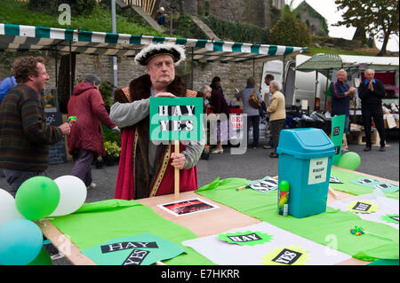 Buchhändler Derek Addyman aka Prinz Derek Fitz Pitt Stand Nachfolger König Richard i. von Heu Wähler in Hay-on-Wye, der Stadtstatus zu bekräftigen, als ein unabhängiges Königreich und anspruchsvoll, es verfügt über Postleitzahl HOW1 eigene Fragen sowie die Stadt zum Weltkulturerbe erklärt. Die Buchstadt von Hay-on-Wye ist bereits ein SSSI - eine Site of Special-Shopping-Interest. Stockfoto