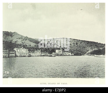 Eine Illustration von Guyo aus dem Jahr 1897, einer Insel vor Paxos, Griechenland. Die Zeichnung zeigt die Geographie der Insel, möglicherweise ihre Rolle als Navigations- oder Kulturdenkmal im Ionischen Meer. Stockfoto