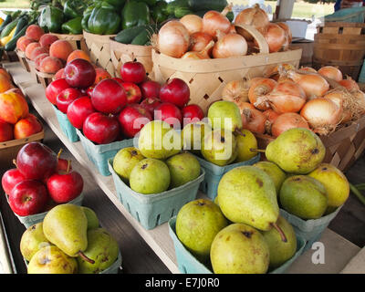 Körbe mit frisch geerntete grüne Birnen, rote Äpfel, goldene gelbe Zwiebeln und vieles mehr stehen zum Verkauf an einem Stand am Straßenrand produzieren. Stockfoto