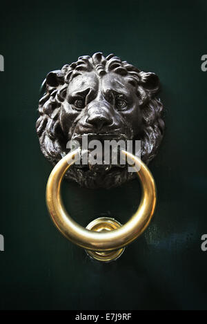 Antiker Türklopfer in Form eines Löwenkopfes auf alte Holztür, Rom, Italien Stockfoto