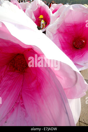 Peking, China. 19. Sep, 2014. Ein Arbeiter ordnet die Blumendekorationen um die bevorstehende Nationalfeiertag am 1. Oktober auf dem Tiananmen Square in Peking, Hauptstadt von China, 19. September 2014 zu begrüßen. Bildnachweis: Yin Gang/Xinhua/Alamy Live-Nachrichten Stockfoto