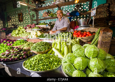 Mann, Verkauf von Gemüse auf einem Gemüsemarkt, Bhavnagar, Gujarat, Indien Stockfoto