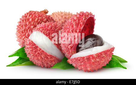 Frische Lychee Früchte auf weißem Hintergrund Stockfoto