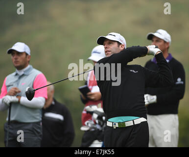 Newport, Wales. 19. Sep, 2014. ISPS Handa Wales Open Golf. Tag2. Bradley Drege treibt die 17. Credit: Action Plus Sport/Alamy Live News Stockfoto