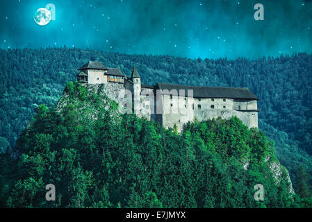 Gruselige Schloss in einem Wald in der Nacht mit Mond Stockfoto