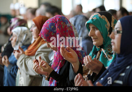 Köln, Deutschland. 19. Sep, 2014. Islamische Frauen beten in einer Moschee in Köln, Deutschland, 19. September 2014. Muslime in Deutschland mobilisiert für Kundgebungen gegen Antisemitismus und Terrorismus im Namen des Islam auf eine Nation weit Tag der Aktion. Foto: Oliver Berg/Dpa/Alamy Live News Stockfoto