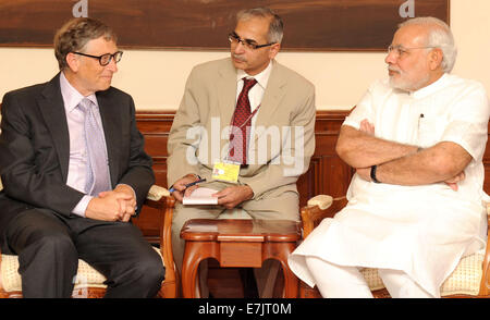 Neu-Delhi, Indien. 19. Sep, 2014. Indian Prime Minister Narendra Modi (R) trifft sich mit Microsoft-Gründer Bill Gates (L) in New Delhi, der Hauptstadt von Indien, am 19. September 2014. Bildnachweis: Partha Sarkar/Xinhua/Alamy Live-Nachrichten Stockfoto