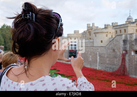 London Touristen Frau Aufnahme eines Fotos auf einem Iphone die Gedenkstätte Keramik Mohnblumen in den Tower of London, London, England. Stockfoto