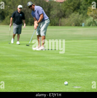 Dana Point, Kalifornien, USA. 7. Sep, 2014. -Teemu Selänne einrichtet und putts auf dem 5. grün bei der Monarch Beach Golf Links in Dana Point, Kalifornien am Sonntagmorgen, 7. September 2014. ---Anaheim Ente Mannschaftskapitän Ryan Getzlaf veranstaltete die 4. jährliche Getzlaf Golf Shootout auf der Monarch Beach Golf Links am Sonntag. Der Vorteil wird ein Heilmittel für Duchenne-Muskeldystrophie, ein Muskelschwund-Krankheit bewirken 1 bei jeder 3.500 jungen finanzieren. © David Bro/ZUMA Draht/Alamy Live-Nachrichten Stockfoto