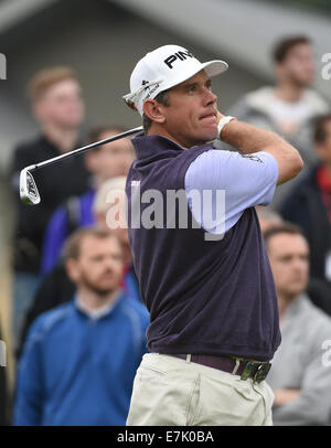 Newport, Wales. 19. Sep, 2014. ISPS Handa Wales Open Golf. Tag2. Lee Westwood treibt den 18. Kredit: Action Plus Sport/Alamy Live News Stockfoto