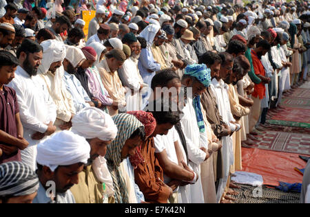 Islamabad, Pakistan. 19. Sep, 2014. Pakistanische Anhänger der religiösen Führer Tahir-Ul-Qadri führen Freitagsgebet während einer Anti-Regierungs-Protest vor dem Parlamentsgebäude in Islamabad, der Hauptstadt von Pakistan, am 19. September 2014. Pakistanische Premierminister Nawaz Sharif am Freitag zwei protestierende Parteien der "Anstiftung zu Menschen zu w5ahlen Meuterei" angeklagt, aber klargestellt, dass nur wenige Tausende Menschen in ihren "finstere Designs" nie gelingen würde, das System zu entgleisen. Bildnachweis: Saadia Seher/Xinhua/Alamy Live-Nachrichten Stockfoto