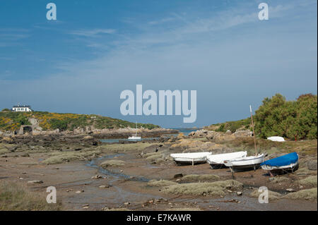 Boote vor Anker bei Ebbe in einer Bucht des Kanals Chausey an Grand-Île, Chausey Inseln, Basse-Normandie, Frankreich Stockfoto