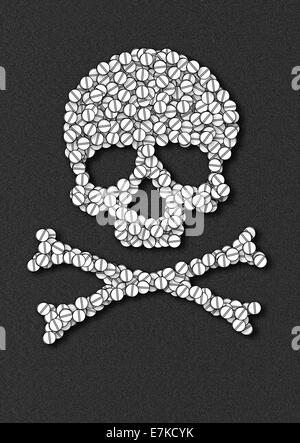 Schädel und Crossbone aus Pillen – konzeptionelles Bild von Drogensucht und Überdosierung symbolisiert die Gefahren von Drogensucht und Überdosierung Stockfoto