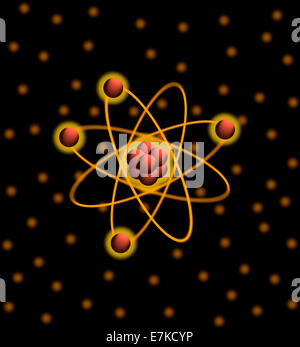 Illustration der Atomstruktur – leuchtende Elektronenumlaufbahnen auf schwarzem Hintergrund perfekt für Konzepte der Wissenschaft, Physik, Chemie und Quantenmechanik Stockfoto