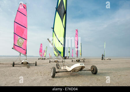 Char à voile, Sand Segeln, an Vivier-sur-Mer, Bretagne, Frankreich Stockfoto