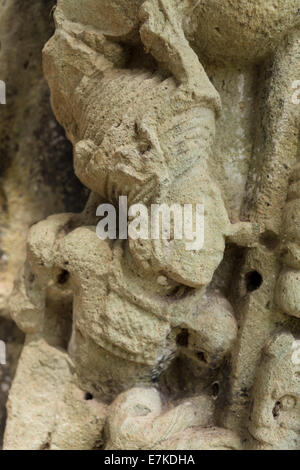 Nahaufnahme von Skulpturen eine Stele in die große Plaza, Copan Ruinas archäologischen Park, Copán, Honduras Stockfoto