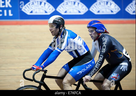 Craig MacLean und Anthony Kappes Tandem im Manchester Velodrome Rennen. Stockfoto