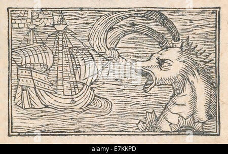 Ein Physeter oder Prister, einem monströsen Wal wie Meeresbewohner illustriert von Olaus Magnus (1490-1557) im Jahre 1555 veröffentlicht. Siehe Beschreibung für mehr Informationen. Stockfoto