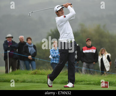 Newport, Wales. 20. Sep, 2014. ISPS Handa Wales Open Golf. 3. Tag. Lee Slattery treibt Credit: Action Plus Sport/Alamy Live News Stockfoto