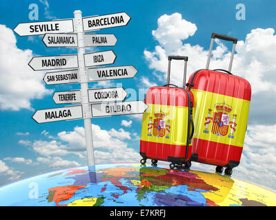 Reisekonzept. Koffer und Wegweiser was in Spanien zu besuchen. 3D Stockfoto