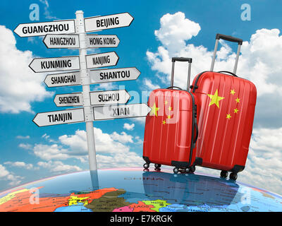 Reisekonzept. Koffer und Wegweiser was in China zu besuchen. 3D Stockfoto