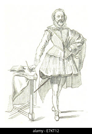 Eine Porträtillustration von Fournel aus dem Jahr 1887, die einen bärtigen Mann mit einem Schwert auf der linken Seite zeigt, der eine Feder in der rechten Hand hält und auf einem kleinen Schreibtisch mit Papieren oder einem Buch und einem Tintenfass liegt. Stockfoto