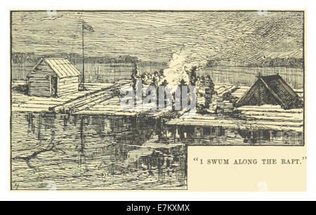 Eine Illustration von Mark Twain aus dem Jahr 1883, die eine Szene des Schwimmens auf einem Floß darstellt und Twains Schreibstil und die Bildsprache seiner Werke widerspiegelt. Stockfoto